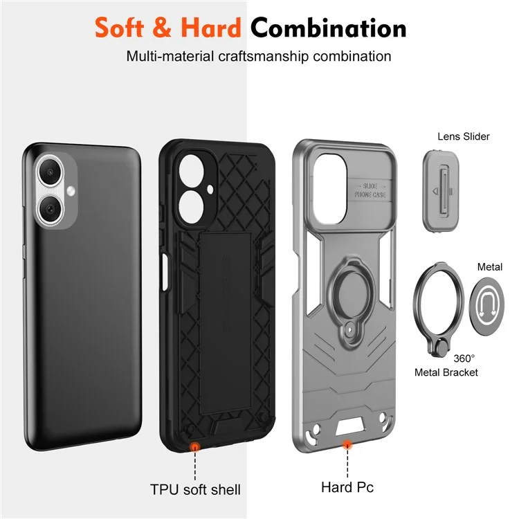 Für Samsung Galaxy A06 5G Hülle Schiebe-Camshield Ständer PC + TPU Handyhülle - Grau