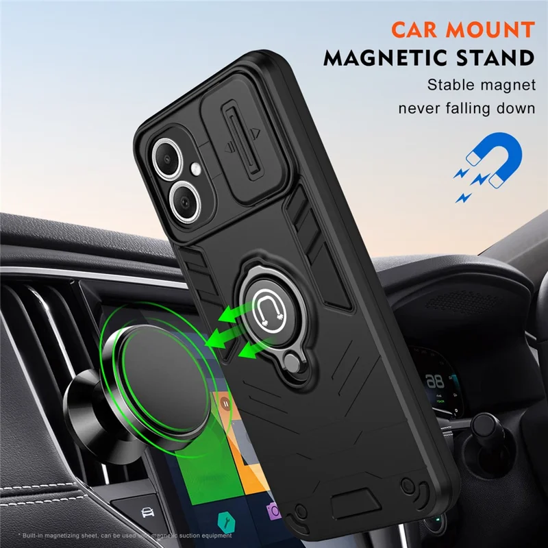 For Samsung Galaxy A06 5G Case Slide Camshield Kickstand PC + TPU Phone Cover - Black