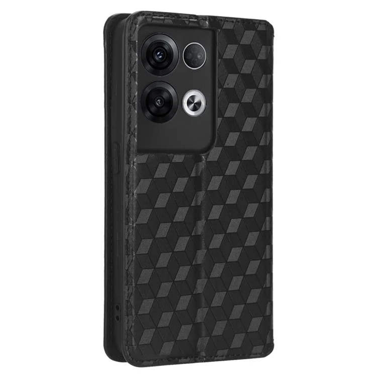 For Oppo Reno8 Pro+ 5G (Global Version) / Reno8 Pro 5G (Global Version) PU Leather Phone Case Imprinted Rhombus Pattern Magnetic Auto-absorbed Stand Wallet Cover - Black