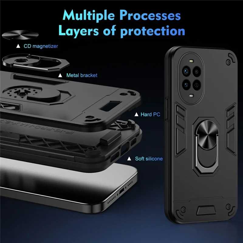 For Huawei nova 13 Pro 5G Case PC + TPU Drop Defend Phone Cover with Ring Kickstand - Black