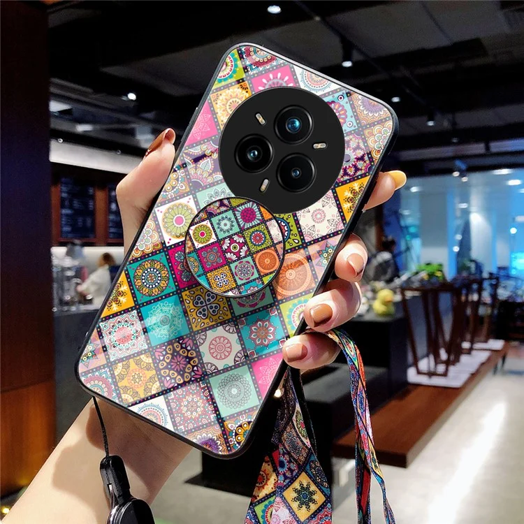Capa para Realme 14 Pro+ 5G com Suporte, Padrão Étnico, Vidro Temperado e Alça - Padrão Xadrez