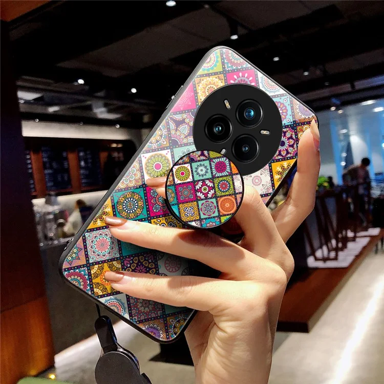 Capa para Realme 14 Pro+ 5G com Suporte, Padrão Étnico, Vidro Temperado e Alça - Padrão Xadrez