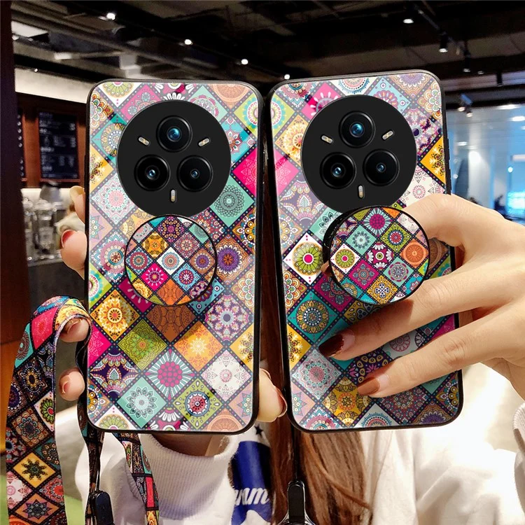Capa para Realme 14 Pro+ 5G com Suporte, Padrão Étnico, Vidro Temperado e Alça - Padrão Xadrez