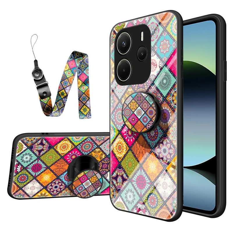 For Xiaomi Redmi Note 14 4G (163.25mm) Case Kickstand Ethnic Pattern Tempered Glass Phone Cover with Strap - Color Pattern