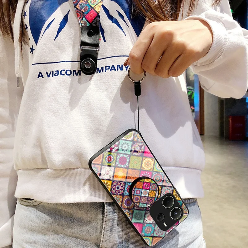 For Xiaomi Redmi Note 14 4G (163.25mm) Case Kickstand Ethnic Pattern Tempered Glass Phone Cover with Strap - Color Pattern