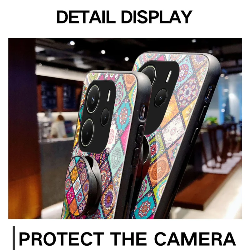 For Xiaomi Redmi Note 14 4G (163.25mm) Case Kickstand Ethnic Pattern Tempered Glass Phone Cover with Strap - Color Pattern