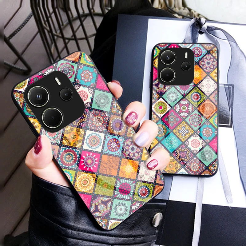 For Xiaomi Redmi Note 14 4G (163.25mm) Case Kickstand Ethnic Pattern Tempered Glass Phone Cover with Strap - Color Pattern