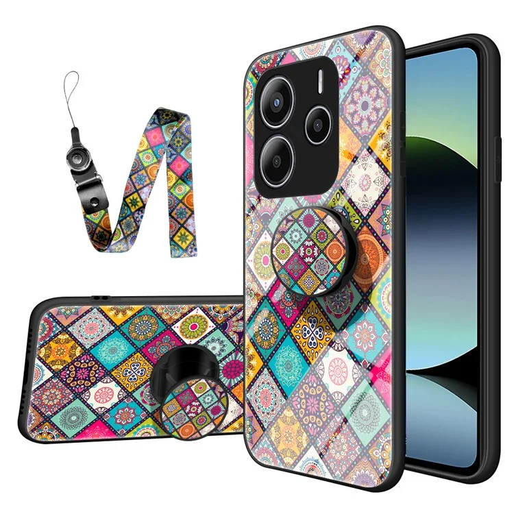 For Xiaomi Redmi Note 14 5G Case Kickstand Ethnic Pattern Tempered Glass Phone Cover with Strap - Checkered Pattern