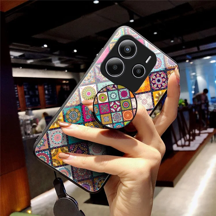 For Xiaomi Redmi Note 14 5G Case Kickstand Ethnic Pattern Tempered Glass Phone Cover with Strap - Checkered Pattern