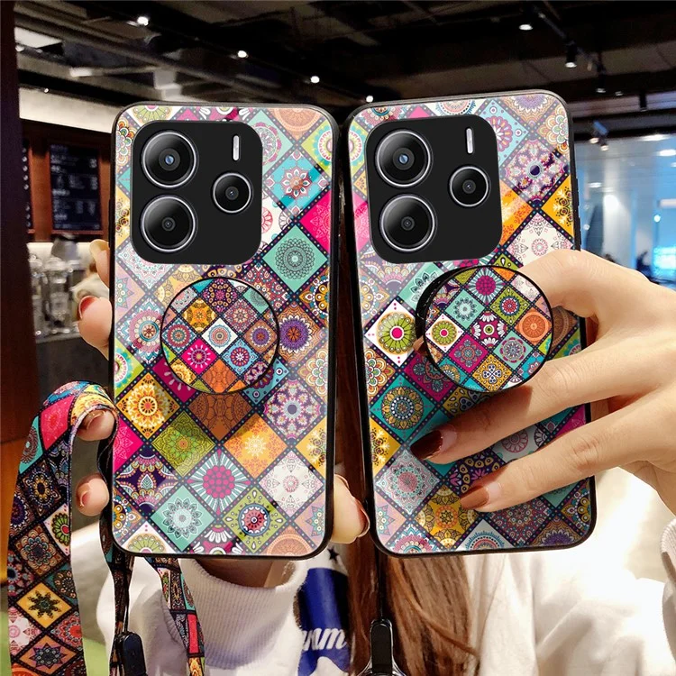 For Xiaomi Redmi Note 14 5G Case Kickstand Ethnic Pattern Tempered Glass Phone Cover with Strap - Checkered Pattern