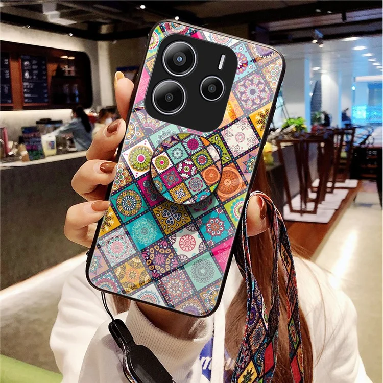 For Xiaomi Redmi Note 14 5G Case Kickstand Ethnic Pattern Tempered Glass Phone Cover with Strap - Checkered Pattern