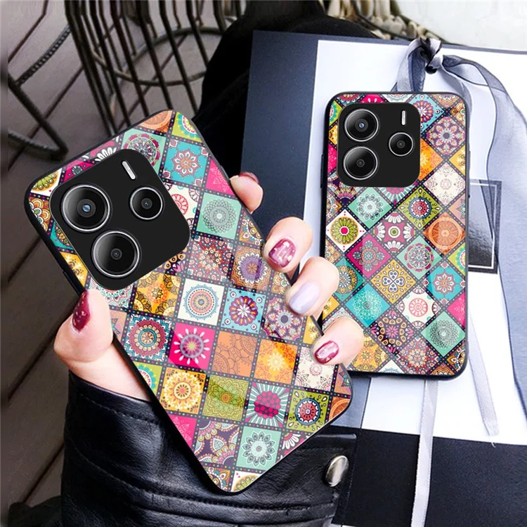 For Xiaomi Redmi Note 14 5G Case Kickstand Ethnic Pattern Tempered Glass Phone Cover with Strap - Checkered Pattern