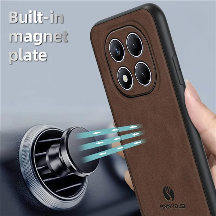 Funda ANNYOJO para Xiaomi Redmi Note 14 Pro 4G de Cuero PU + PC + TPU Antigolpes - Marrón