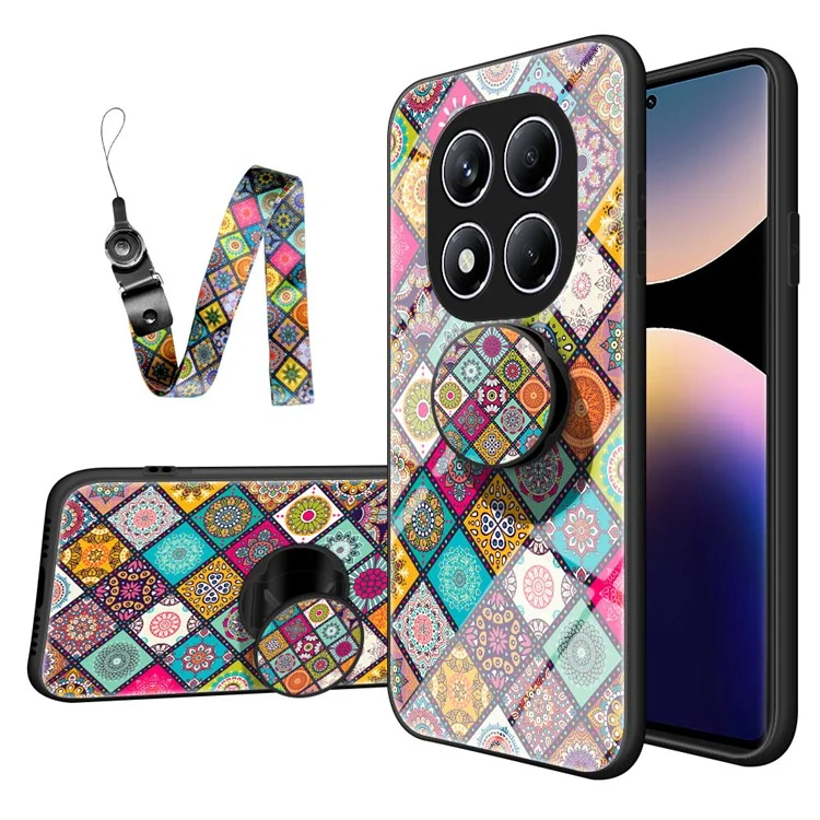 For Xiaomi Redmi Note 14 Pro 4G Case Kickstand Ethnic Pattern Tempered Glass Phone Cover with Strap - Checkered Pattern