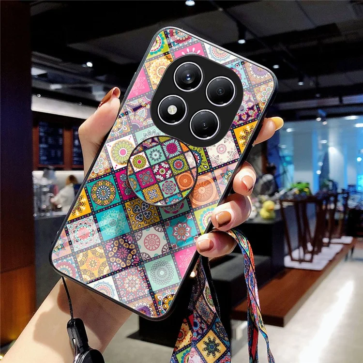 For Xiaomi Redmi Note 14 Pro 4G Case Kickstand Ethnic Pattern Tempered Glass Phone Cover with Strap - Checkered Pattern