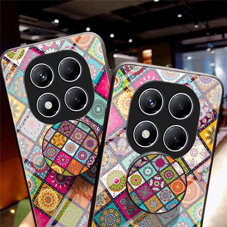 For Xiaomi Redmi Note 14 Pro 4G Case Kickstand Ethnic Pattern Tempered Glass Phone Cover with Strap - Checkered Pattern
