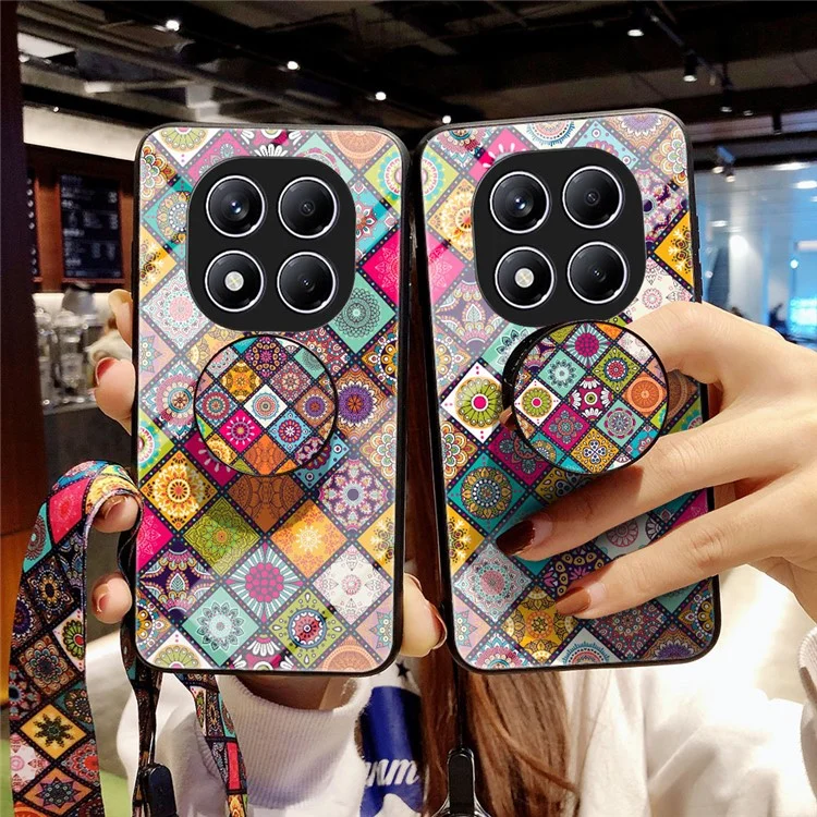 For Xiaomi Redmi Note 14 Pro 4G Case Kickstand Ethnic Pattern Tempered Glass Phone Cover with Strap - Checkered Pattern