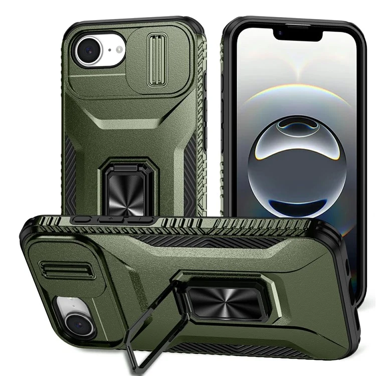 For iPhone 16e Case Camshield Kickstand TPU + PC Anti-Slip Phone Cover - Green
