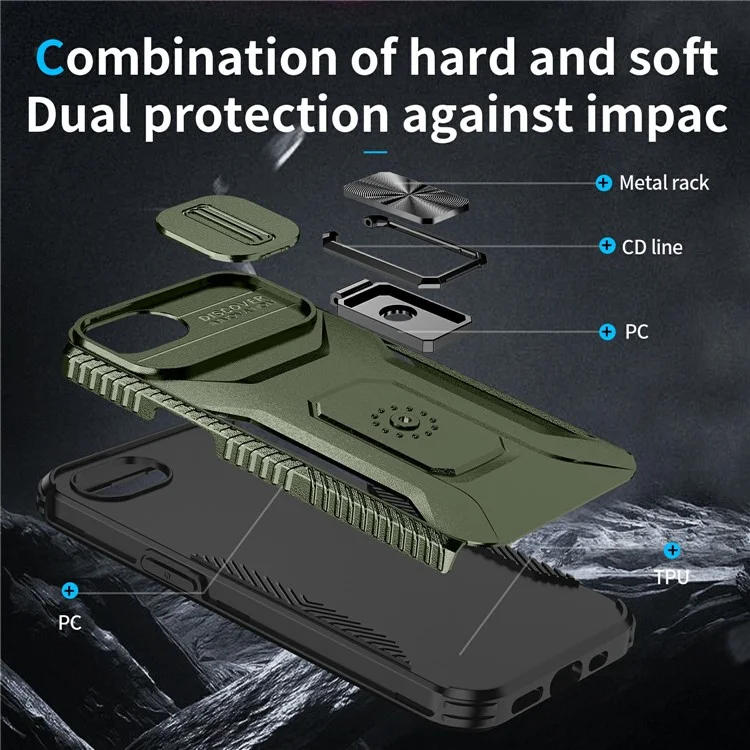 For iPhone 16e Case Camshield Kickstand TPU + PC Anti-Slip Phone Cover - Green