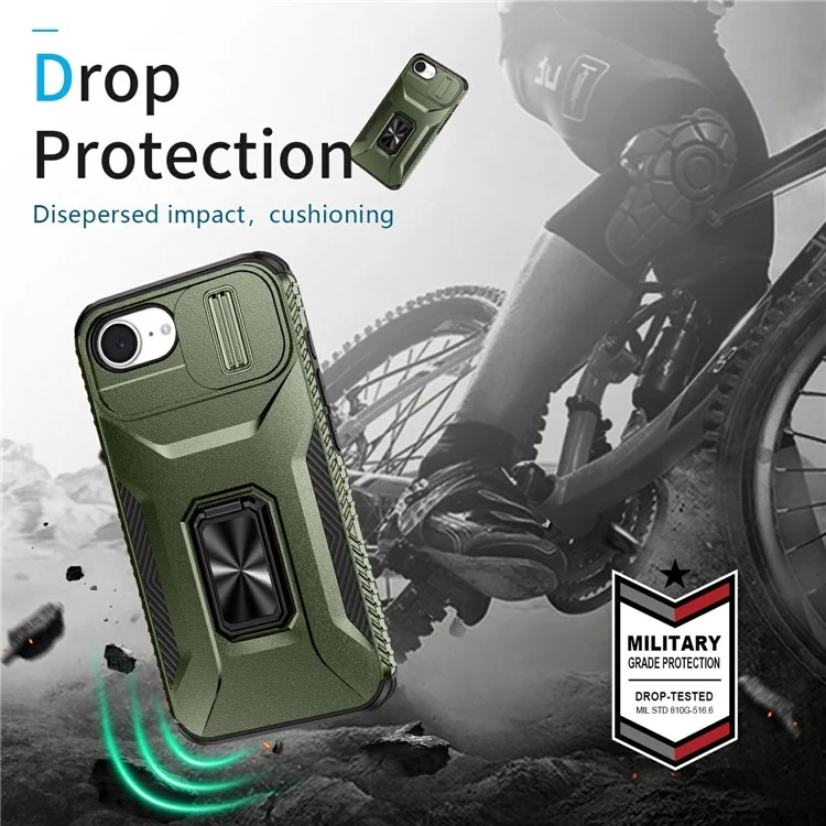 For iPhone 16e Case Camshield Kickstand TPU + PC Anti-Slip Phone Cover - Green