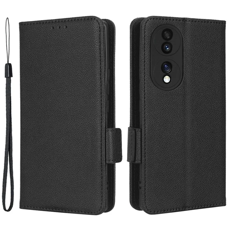 Litchi Texture Telefonständer-Cover für Honor 70 5G, PU-Leder mit Doppel-Magnetverschluss, vollständiger Schutz Wallet Case - Schwarz