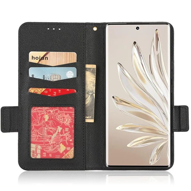 Litchi Texture Telefonständer-Cover für Honor 70 5G, PU-Leder mit Doppel-Magnetverschluss, vollständiger Schutz Wallet Case - Schwarz