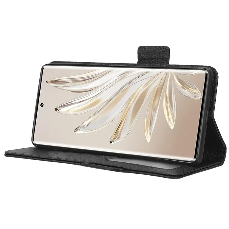 Litchi Texture Telefonständer-Cover für Honor 70 5G, PU-Leder mit Doppel-Magnetverschluss, vollständiger Schutz Wallet Case - Schwarz