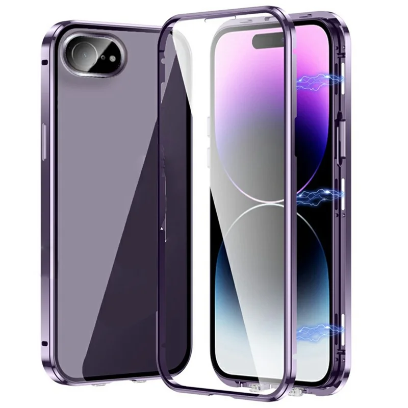 For iPhone 16e Case Magnetic Adsorption Double Sides Tempered Glass+Metal Phone Cover with Buckle - Purple