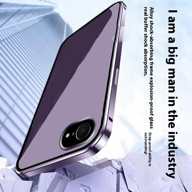 For iPhone 16e Case Magnetic Adsorption Double Sides Tempered Glass+Metal Phone Cover with Buckle - Purple