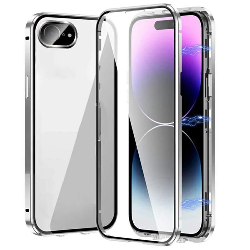 For iPhone 17e / 16e Case Magnetic Adsorption Double Sides Tempered Glass+Metal Phone Cover with Buckle - Silver