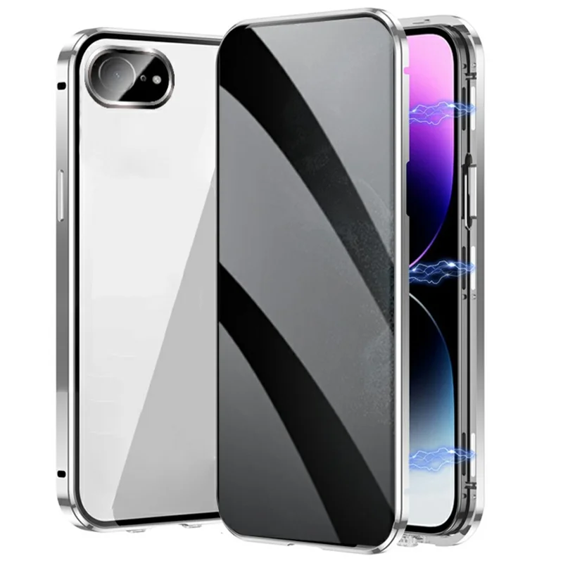 For iPhone 17e / 16e Case Anti-Spy Double-Sided Tempered Glass+Magnetic Metal Frame Phone Cover - Silver