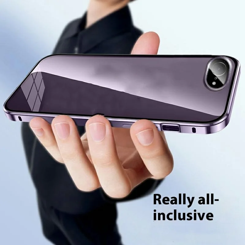 For iPhone 17e / 16e Case Anti-Spy Double-Sided Tempered Glass+Magnetic Metal Frame Phone Cover - Silver