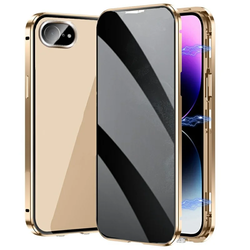 For iPhone 17e / 16e Case Anti-Spy Double-Sided Tempered Glass+Magnetic Metal Frame Phone Cover - Gold