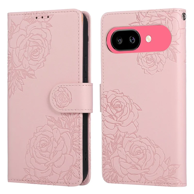 For Google Pixel 9a Case Rose Flower PU Leather Wallet Phone Cover with 3 Card Slots - Rose Gold