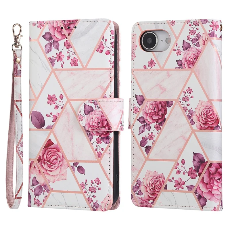 For iPhone 16e Hoesje Gelakte Marmeren Patroon Leren Telefoonhoes - Roze Goud