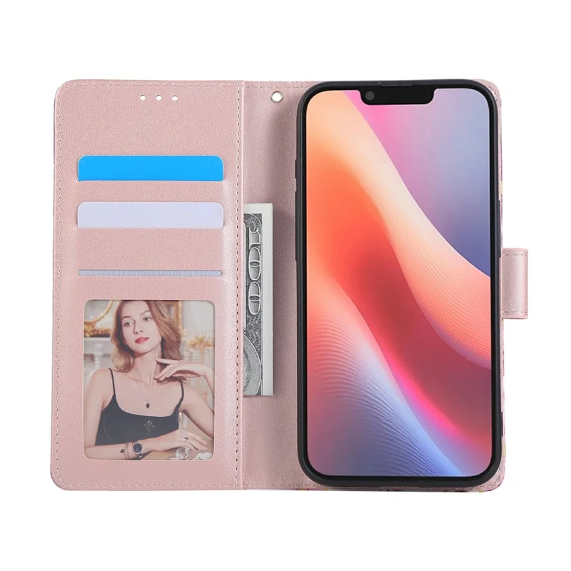 For iPhone 16e Hoesje Gelakte Marmeren Patroon Leren Telefoonhoes - Roze Goud