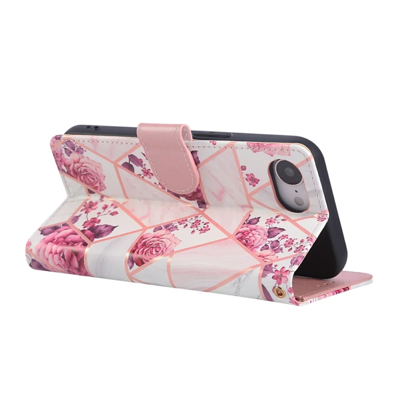 For iPhone 16e Hoesje Gelakte Marmeren Patroon Leren Telefoonhoes - Roze Goud