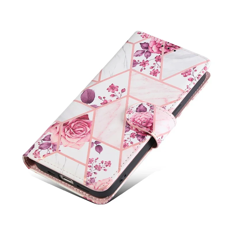 For iPhone 16e Hoesje Gelakte Marmeren Patroon Leren Telefoonhoes - Roze Goud