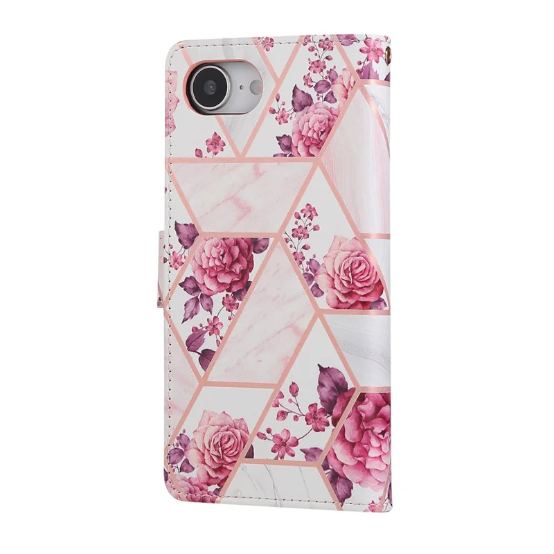 For iPhone 16e Hoesje Gelakte Marmeren Patroon Leren Telefoonhoes - Roze Goud