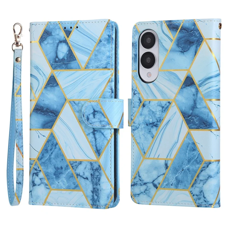 Voor Samsung Galaxy S25 Edge Hoesje Gelakte Marmeren Patroon Leren Telefoonhoes - Blauw