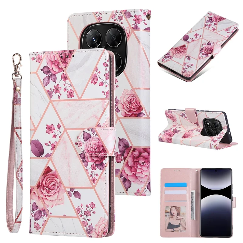 Leather Case for Xiaomi Redmi Note 14 Pro 5G / 14 Pro+ 5G / Poco X7 5G Lacquered Marble Pattern Phone Cover - Rose Gold