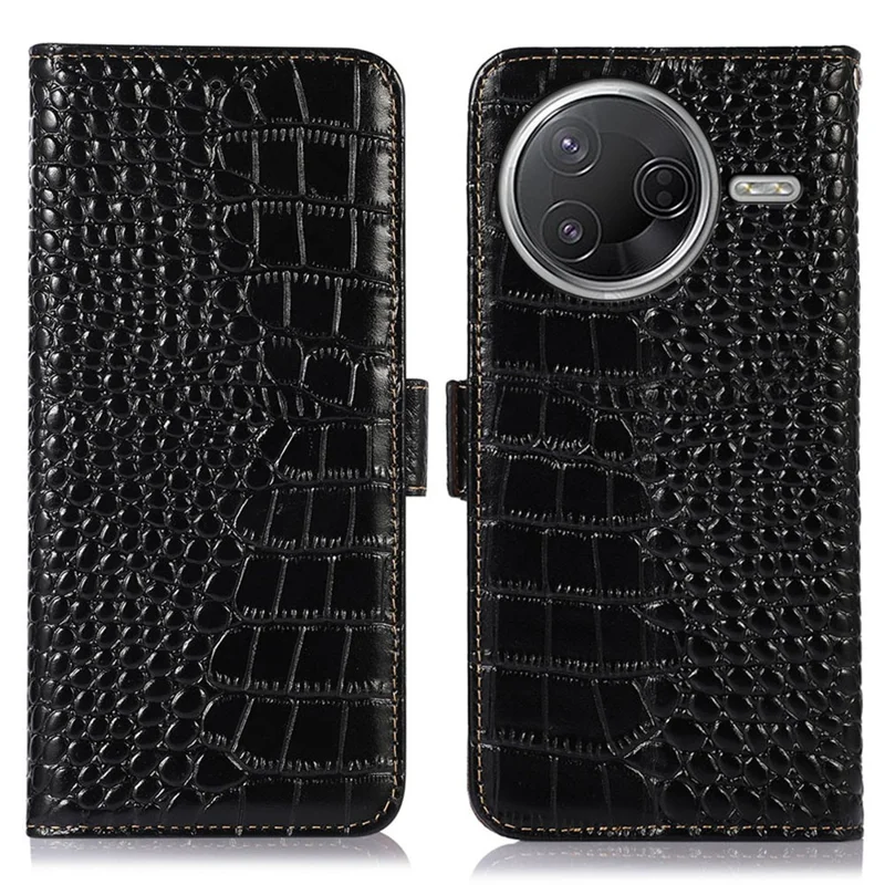 For Xiaomi Poco F7 Pro 5G / Redmi K80 5G Case Crocodile Texture Genuine Cow Leather Phone Wallet Cover - Black