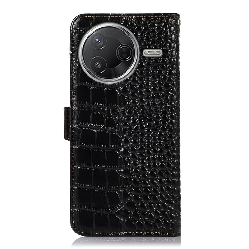 For Xiaomi Poco F7 Pro 5G / Redmi K80 5G Case Crocodile Texture Genuine Cow Leather Phone Wallet Cover - Black