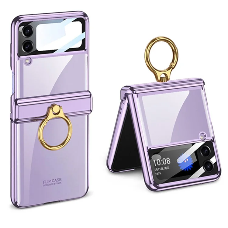 GKK For Samsung Galaxy Z Flip4 5G Ring Kickstand PC Phone Case Magnetic Hinge Anti-drop Cover with Tempered Glass Small Screen Film - Purple