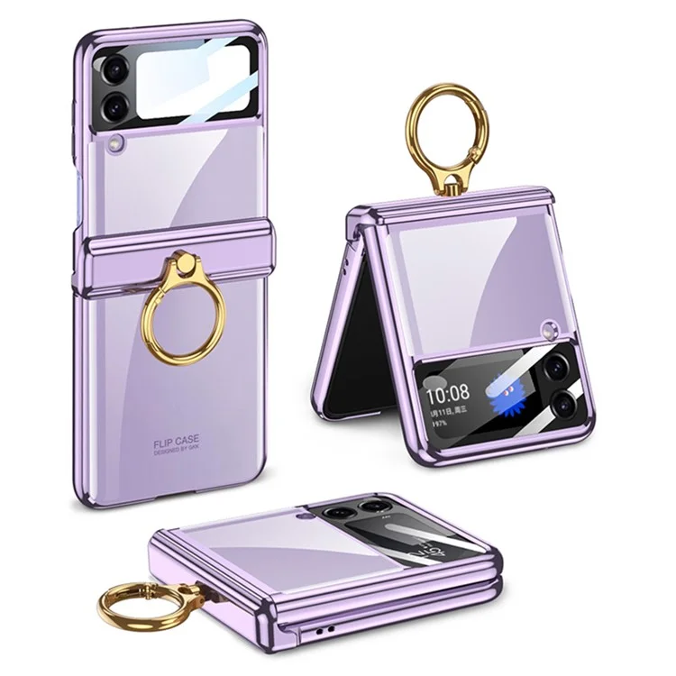 GKK For Samsung Galaxy Z Flip4 5G Ring Kickstand PC Phone Case Magnetic Hinge Anti-drop Cover with Tempered Glass Small Screen Film - Purple