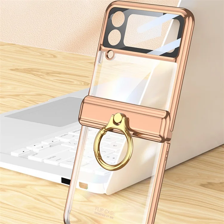 GKK per Samsung Galaxy Z Flip4 5G Custodia per telefono con anello e supporto per PC, copertura magnetica anti-caduta con pellicola in vetro temperato per piccolo schermo - Viola