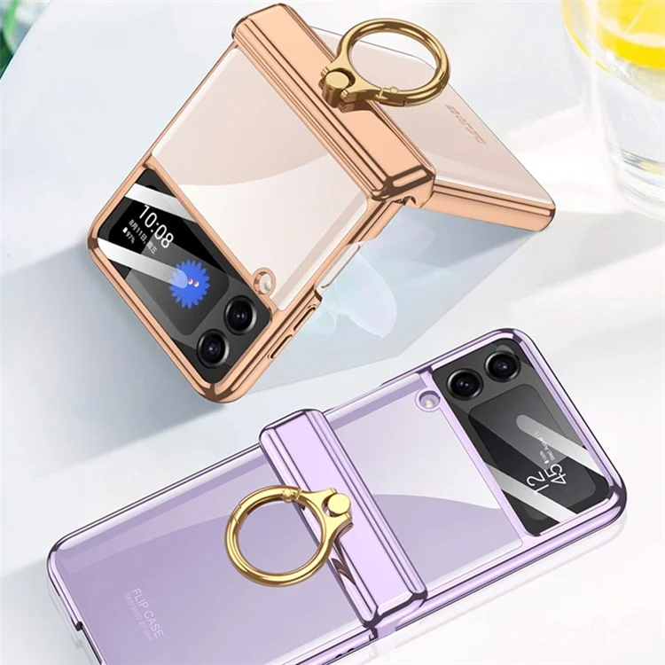 GKK For Samsung Galaxy Z Flip4 5G Ring Kickstand PC Phone Case Magnetic Hinge Anti-drop Cover with Tempered Glass Small Screen Film - Purple