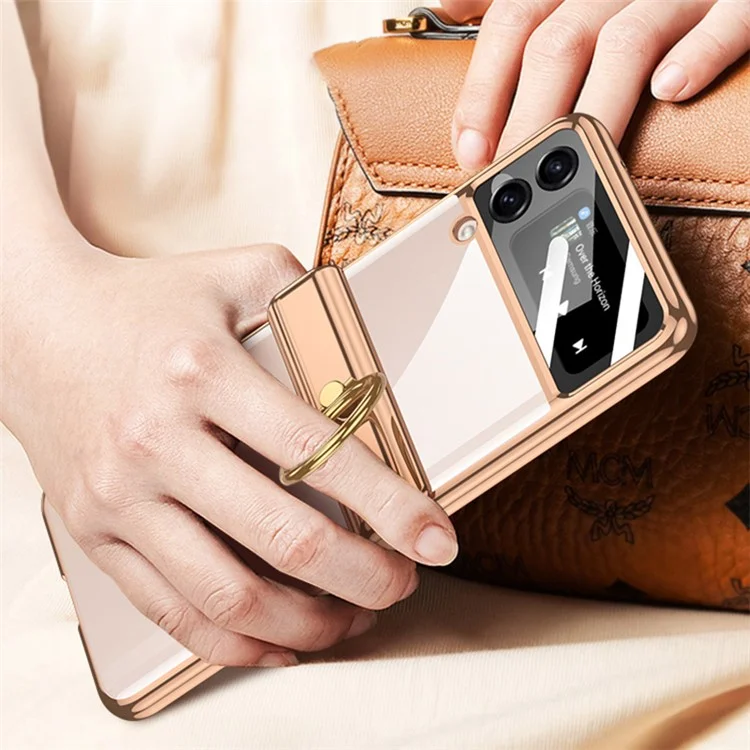 GKK per Samsung Galaxy Z Flip4 5G Custodia per telefono con anello e supporto per PC, copertura magnetica anti-caduta con pellicola in vetro temperato per piccolo schermo - Viola