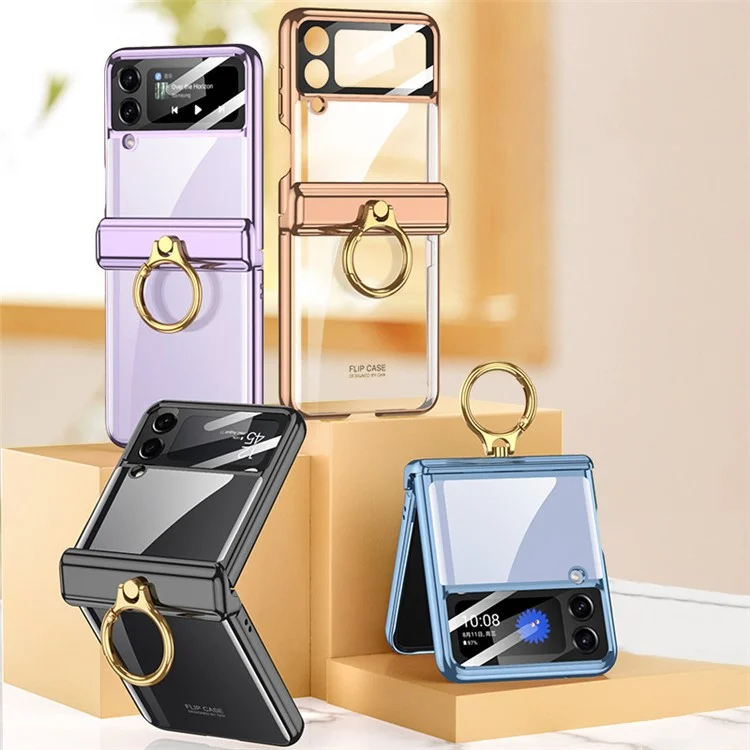 GKK per Samsung Galaxy Z Flip4 5G Custodia per telefono con anello e supporto per PC, copertura magnetica anti-caduta con pellicola in vetro temperato per piccolo schermo - Viola