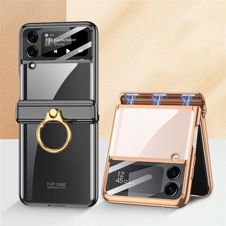GKK per Samsung Galaxy Z Flip4 5G Custodia per telefono con anello e supporto per PC, copertura magnetica anti-caduta con pellicola in vetro temperato per piccolo schermo - Viola
